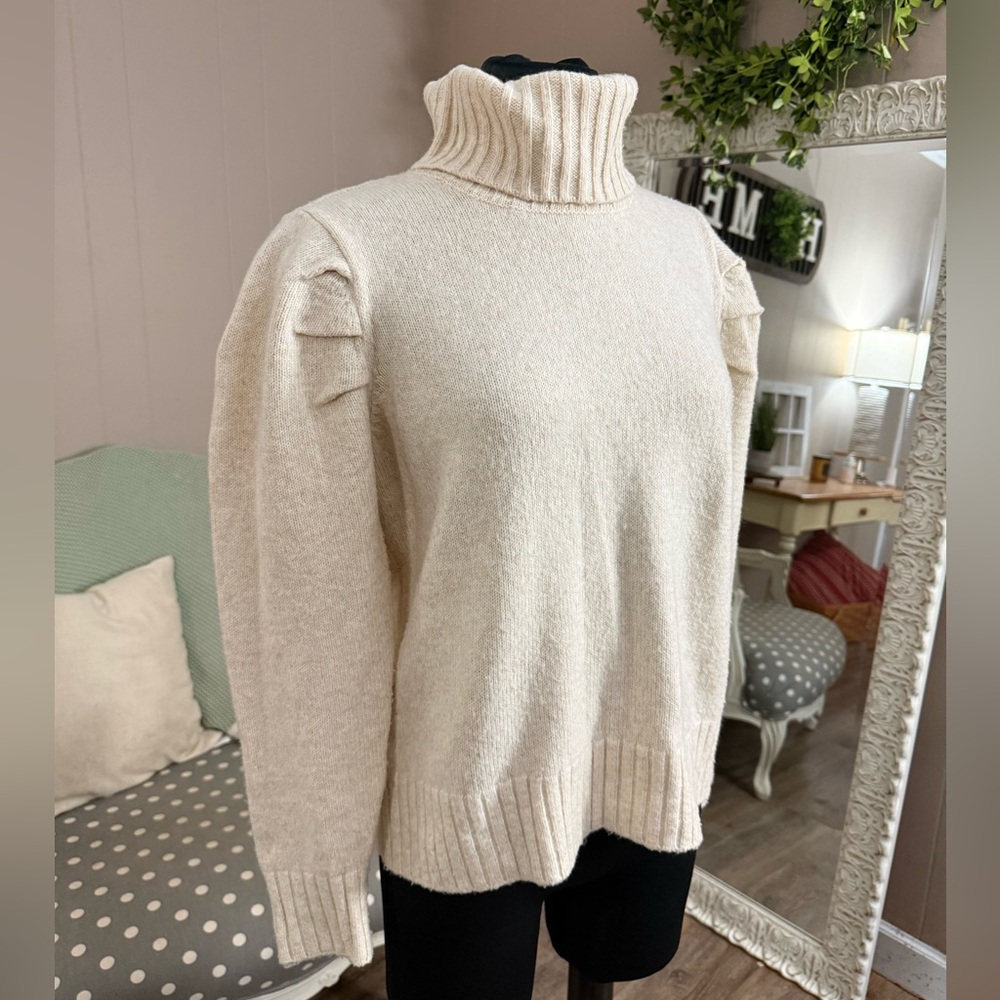 CAbi • Oatmeal Heather Puff Sleeve Turtleneck Sweater - Picture 10 of 16